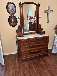 Late 1800 S Victorian Dresser Solid Walnut With Marble Top And Tilt Glass Mirror