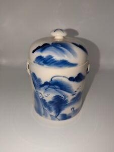 Vintage 1940 S Hand Painted Chinese Porcelain Blue White Tea Caddy