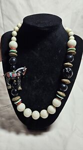 Vintage Cloisonn Enamel Horse Long Beaded Necklace Asian