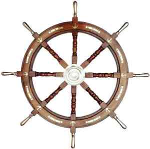 36 Inch Nautical Big Ship Steering Wheel Wooden Antique Teak Brass Pirate Ship S
