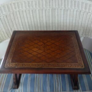 Vintage Bombay Cherry Wood Inlaid Tooled Leather Small Bench Table Ottoman