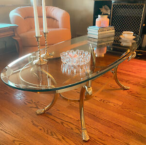 Vtg Hollywood Regency Brass Swan Foot Coffee Table Labarge Italy Glass Top