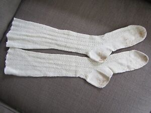 Great Pair Of Antique Vintage Hand Knit Cream Socks Stockings Xmas Decor 