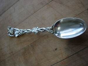 Antique German Silver Grape Vine Sugar Spoon Heavy Cast Handle