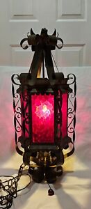 Vintage Wrought Iron Pendant Lamp With Red Glass Panels 30 T X 13 W 8ft Chain