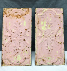 Antique Pair 6 X 12 Tin Ceiling Fleur De Lis Shabby Pink Panels Vtg 1667 23b
