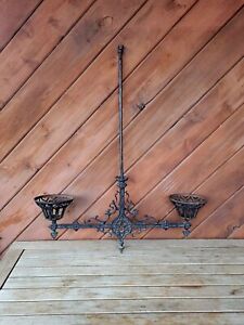 Antique Victorian Cast Iron 2 Arm Hanging Oil Lamp Chandelier Light Fixture