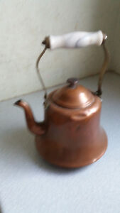 Antique Copper Teapot Folding Ceramic Handle 10 Inches Tall