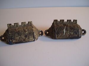 2 Antique Vintage Cup Pulls Metal Drawer Bin Handles Patina Chipped Paint
