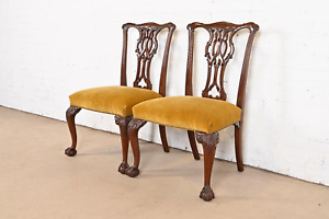 Baker Furniture Chippendale Carved Mahogany Side Chairs Pair