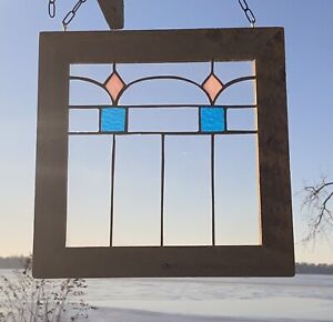 Framed Stained Glass Window Mission Style Pink Blue Flower Design