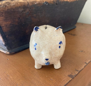 Vintage Folk Art Handmade Stoneware Pottery Pig Piggy Bank Cobalt Accents
