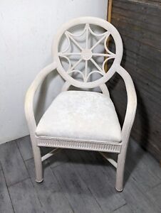 Vintage White Spider Back Bamboo Reed Arm Chair Coastal Boho French Shabby Chic