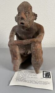 Antique Pre Columbian Nayarit Pottery Seated Male Warrior Figure Artifact Mexico