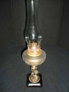 Antique Victorian Bronze Cherub Child Etched Glass Oil Lamp Queen Anne 14 5 