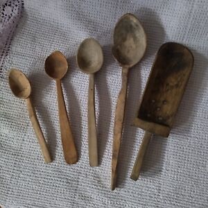 Primitive Carved Wooden Spoon Lot 5 50 S