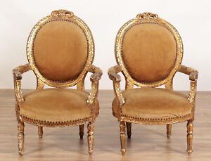 Pair Of Louis Xvi Style Gold Toned Velvet Fauteuils Armchairs