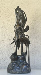 Vintage Chinese Crane Men Artwork Mythological Bronze Copper Statue Figurine