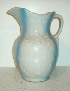 Large Blue White Stoneware Water Pitcher Embossed Scroll Decoration
