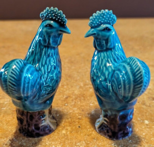Chinese Export Pair Small Roosters Open Bottom Turquoise Glaze Early 20th C 