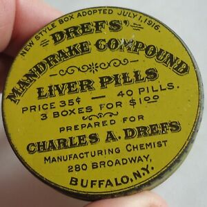 Antique Patent Quack Medicine Tin Drefs Mandrake Compound Liver Pills Buffalo Ny