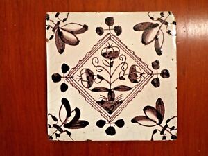 Nice Dutch Delft Purple Tile Flowers 17th 18th Century 5 X 5 Inches