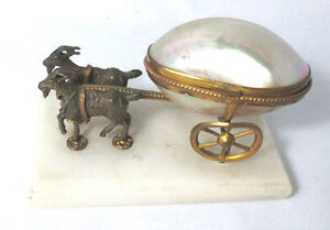 2 Goat Pulling Mop Egg On Wheels Thimble Salt Or Trinket Original Antique C1800