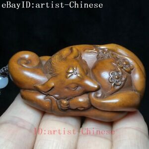 L 6 8 Cm Old Japanese Boxwood Hand Carved Lovely Fox Statue Animal Netsuke Gift