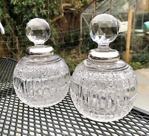 Pair Large Antique Cut Glass Sterling Silver 1896 Globular Perfume Bottles