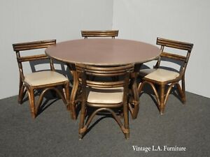 Vintage Ficks Reed Style French Country Bamboo Card Table W Four Chairs Mid Cent