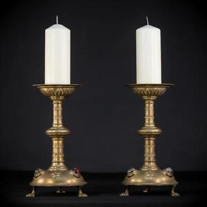Candlesticks Pair Two French Antique Bronze Candle Holders W Cabochons 17 3 