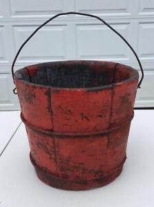 Antique Small Prim Old Red Paint Wood Stave Pail Bucket Swing Handle 6 1 8 H