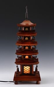 Japanese Old Vintage Wooden Figure Five Storied Pagoda Lamp 