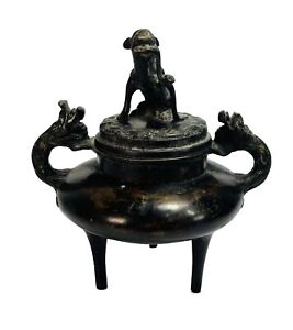 Antique Vtg Oriental Bronze Foo Dog Double Handles Incense Burner No Holes