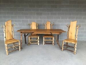 Vintage Maple Live Edge Table With 4 Log And Antler Side Chairs