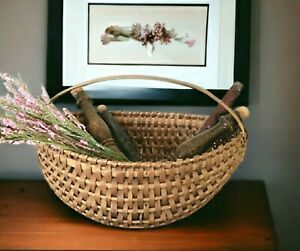 Vtg Handwoven Split Wood Melon Gathering Basket Bentwood Frame Primitive Country