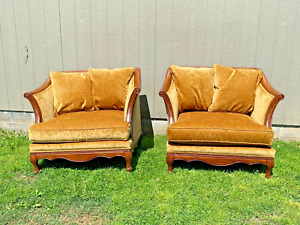 Gold Velvet Chairs Pair Vintage Style French Arm Victorian Large Club