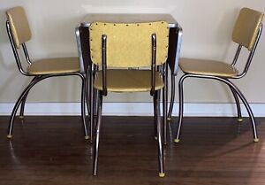 Vintage Mcm Yellow Dinette Chrome Kitchenette Formica Table 3 Chairs Retro