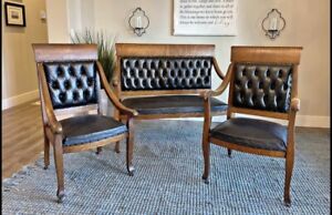 Antique Black Leather Oak Tufted 3 Piece Parlor Set Settee Chairs Empire Old