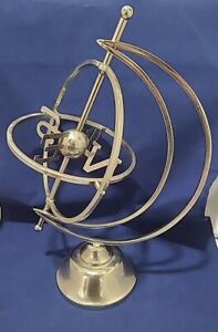 Vintage Chrome Armillary W Directional Metal Sphere North South Compass Points