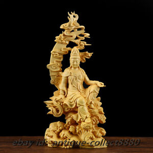 China Box Wood Hand Carved Buddhism Water Moon Kuan Yin Kwan Yin Guan Yin Statue