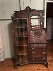 Antique China Cabinet Or Secretary Bookshelf With Curved Glass Claw Feet