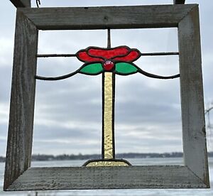 Mission Style Framed Stained Glass Window Red Green Flower