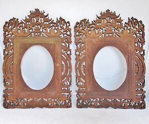 13 1 Pair Antique Chinese Export Carved Wood Frames W Scholars Trees Pagoda