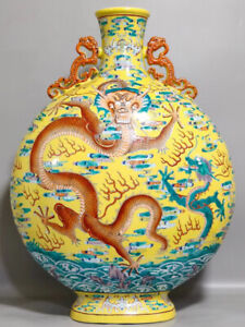 Big Beautiful Chinese Hand Painting Famille Rose Porcelain Dragon Flat Vase