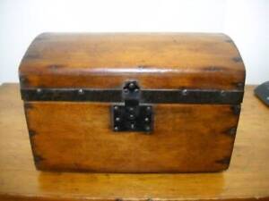 Antique Small Dome Top Trunk 12 X8 X8 Pine Wood W Leather Handles Nice