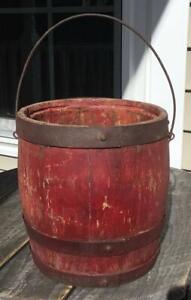 Large Antique Old Worn Chippy Red Wooden Paint Pail Barrel Bucket Metal Bands