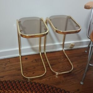 Vintage Pair Of Milo Baughman Style Brass Glass Cantilever Side End Table 