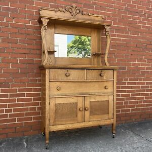 Antique Oak Sideboard Buffet Hutch Server Cabinet With Mirrored Shelf And Drawer