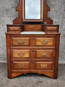Antique Walnut 5 Drawer Marble Top Bedroom Chest Of Drawers With Mirror